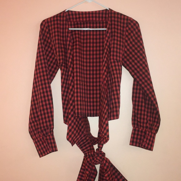 Size S Red and Black Checkered Wrap Around Blouse - Picture 1 of 6